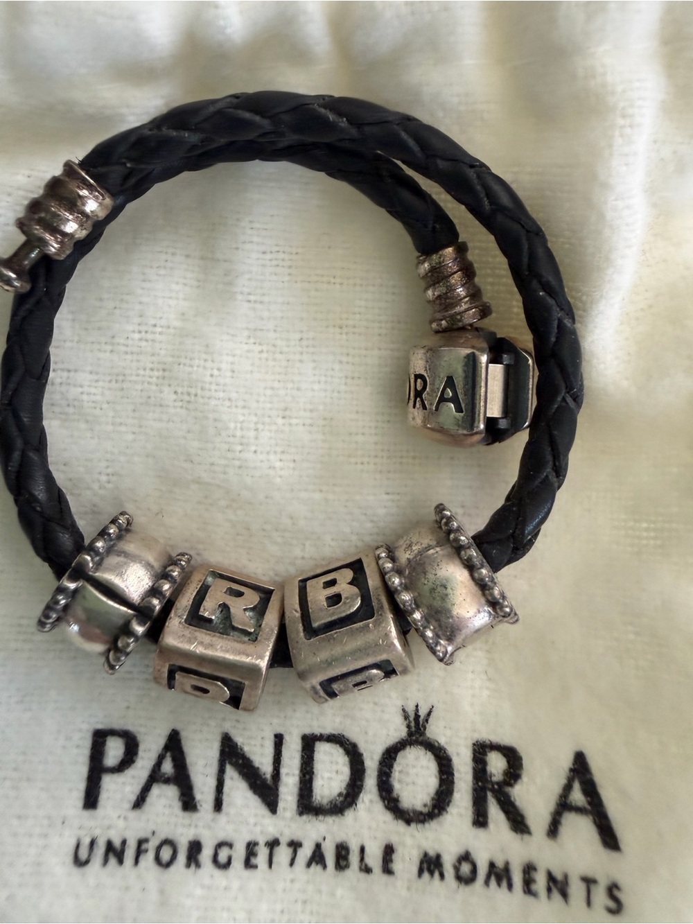 Pandora Black Braided Leather Bracelet with Silver Letter Beads